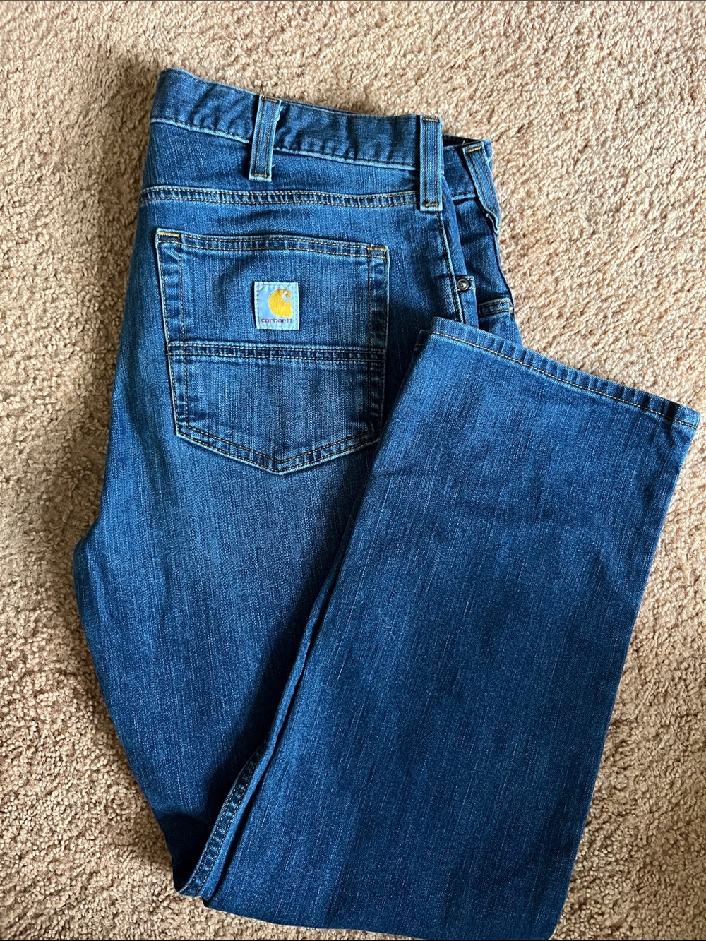 Carhartt Women Straight Leg Jeans in Deep Blue Denim with Yellow Logo Patch